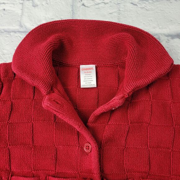 Gymboree Girl's Red Basketweave Button Front Sweater Holiday Pom Poms sz Small - Picture 4 of 10